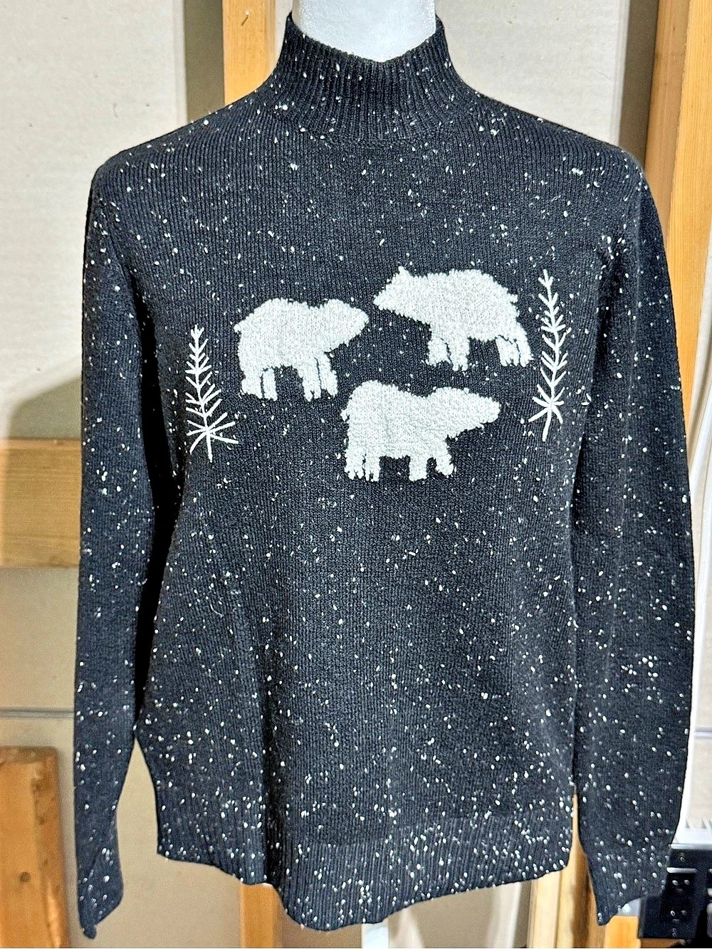 LOFT Polar Bear Speckled Mock Neck Sweater Black & White Medium